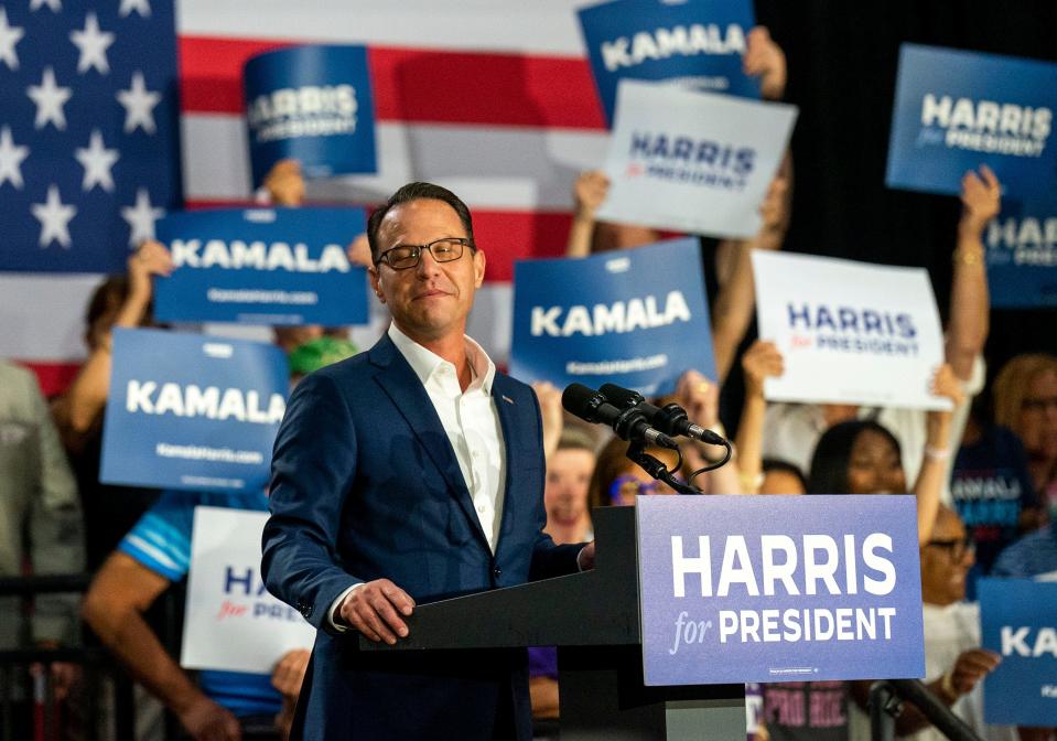Pennsylvania Governor Josh Shapiro speaks alongside Michigan Governor Gretchen Whitmer at a campaign rally for Vice President Kamala Harris at Wissahickon High School in Ambler on Monday, July 29, 2024.