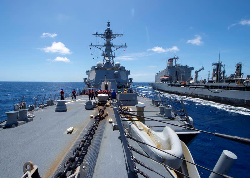 U.S. Navy guided-missile destroyer USS Kidd receives fuel in the Pacific Ocean