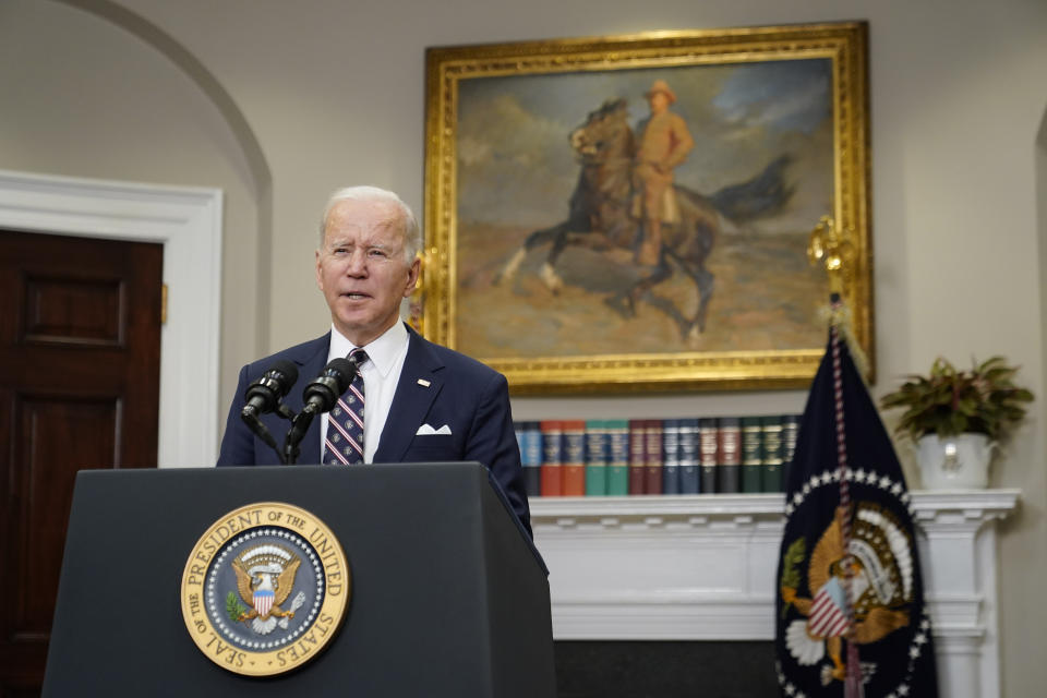 President Joe Biden speaks about a counterterrorism raid carried out by U.S. special forces that killed top Islamic State leader Abu Ibrahim al-Hashimi al-Qurayshi in northwestern Syria, Thursday, Feb. 3, 2022, in the Roosevelt Room of the White House in Washington. (AP Photo/Patrick Semansky)