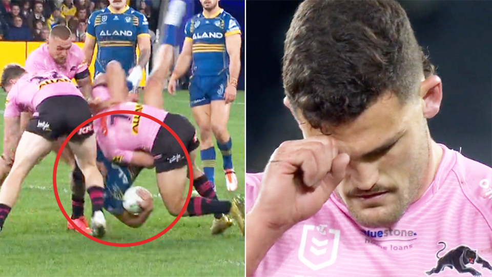 NRL player Nathan Cleary (pictured right) looking frustrated after a send-off and (pictured left) Cleary tackling Dylan Brown.