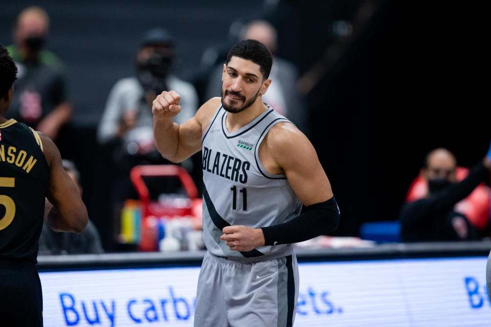 Mar 28, 2021; Tampa, Florida, USA; Portland Trail Blazers center Enes Kanter (11) reacts to a call during the fourth quarter against the Toronto Raptors at Amalie Arena. 