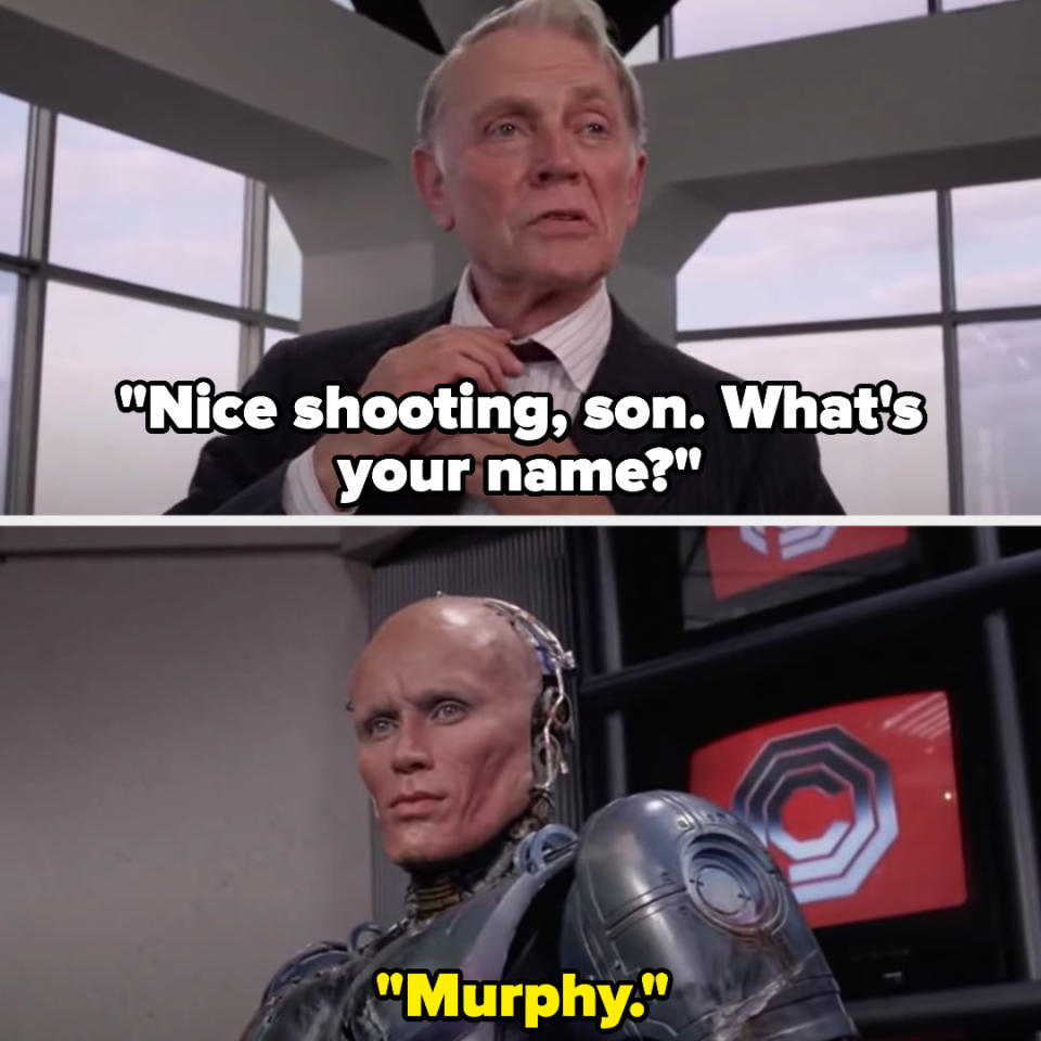 Old Man compliments Robocop's shot then asks what his name is, and Robocop says "Murphy"