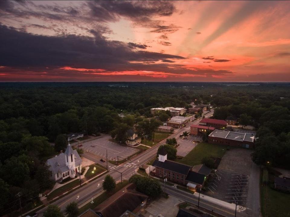 A drone photo by Chris Greer showing downtown Watkinsville.