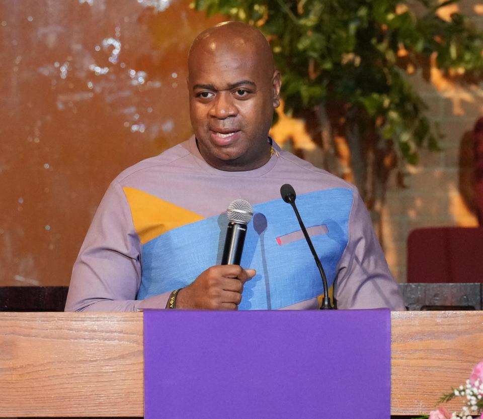 Newark Mayor Ras Baraka speaks during the March 4 funeral for Sayreville Councilwoman Eunice Dwumfour.