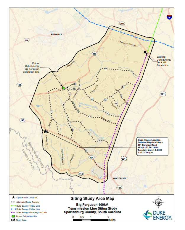 A map of the future Duke Energy substation project in Green Pond, South Carolina shows proposed routes for a new transmission line.