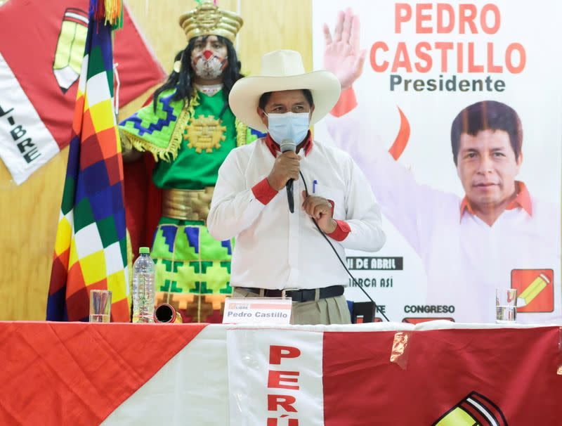 FILE PHOTO: Peru's presidential candidate socialist Pedro Castillo addresses the media, in Lima