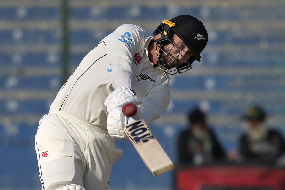 New Zealand's Devon Conway plays a shot during the second day of first test cricket match between Pakistan and New Zealand, in Karachi, Pakistan, Tuesday, Dec. 27, 2022. (AP Photo/Fareed Khan)