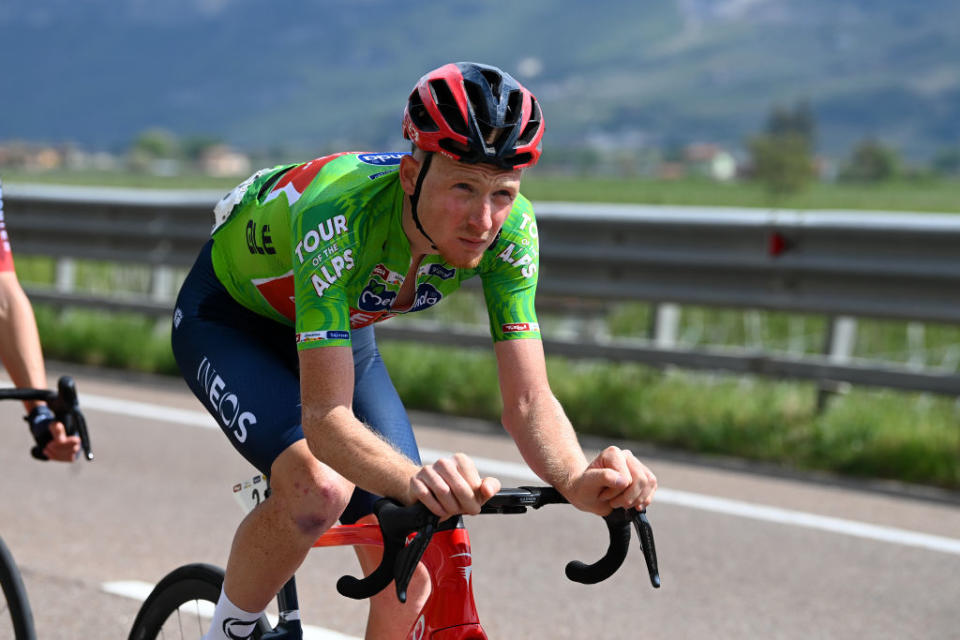 BRENTONICO SAN VALENTINO ITALY  APRIL 19 Tao Geoghegan Hart of United Kingdom and Team INEOS Grenadiers  Green leader jersey competes during the 46th Tour of the Alps 2023 Stage 3 a 1625km stage from Ritten to Brentonico San Valentino 1321m on April 19 2023 in Brentonico San Valentino Italy Photo by Tim de WaeleGetty Images