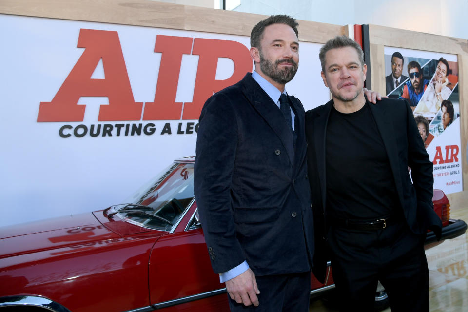 LOS ANGELES, CALIFORNIA - MARCH 27: Ben Affleck and Matt Damon attend Amazon Studios' World Premiere Of "AIR" at Regency Village Theatre on March 27, 2023 in Los Angeles, California. (Photo by JC Olivera/GA/The Hollywood Reporter via Getty Images)