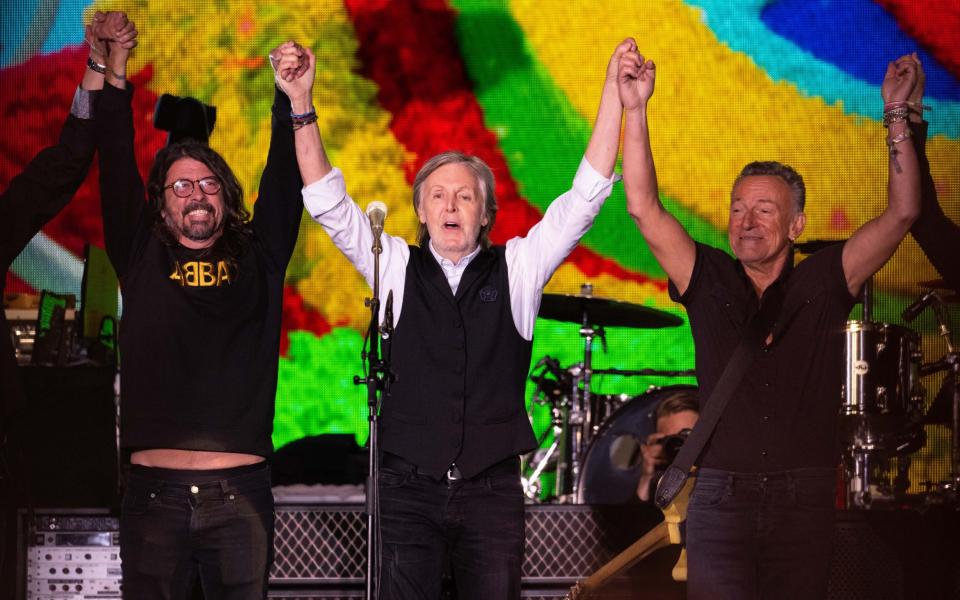 Dave Grohl, Paul McCartney and Bruce Springsteen on the Pyramid Stage - Getty 