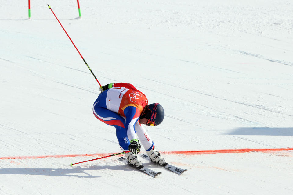 <p>Alexis Pinturault a tout donné jusqu’à la dernière seconde pour décrocher la médaille de bronze en slalom géant. Premier, Marcel Hirscher était intouchable. (crédit Getty) </p>