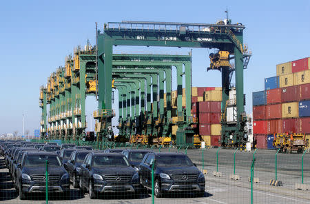 FILE PHOTO: Imported Mercedes Benz cars are seen next to containers at Tianjin Port, in northern China February 23, 2017. REUTERS/Jason Lee/File Photo