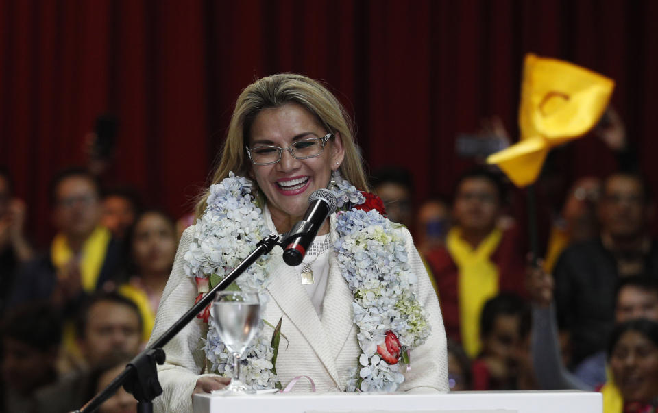 Bolivia's interim President Jeanine Anez smile during a ceremony announce her nomination as presidential candidate for the May 3 elections in La Paz, Bolivia, Friday, Jan. 24, 2020. (AP Photo/Juan Karita)