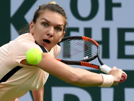 Mar 14, 2018; Indian Wells, CA, USA; Simona Halep during her quarterfinal match against Petra Martic (not pictured) in the BNP Paribas Open at the Indian Wells Tennis Garden. Mandatory Credit: Jayne Kamin-Oncea-USA TODAY Sports