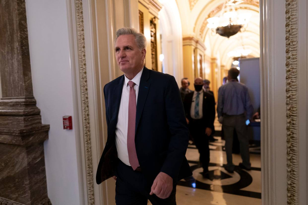 House Minority Leader Kevin McCarthy, R-Calif., arrives at the chamber during debate to censure Rep. Paul Gosar, R-Ariz., who tweeted an animated video that depicted him striking Rep. Alexandria Ocasio-Cortez, D-N.Y., with a sword, on Capitol Hill in Washington, on Nov. 17, 2021.