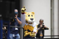 Denver Nuggets mascot Rocky gestures during a rally to celebrate the Denver Nuggets first NBA basketball championship Thursday, June 15, 2023, in Denver. (AP Photo/Jack Dempsey)