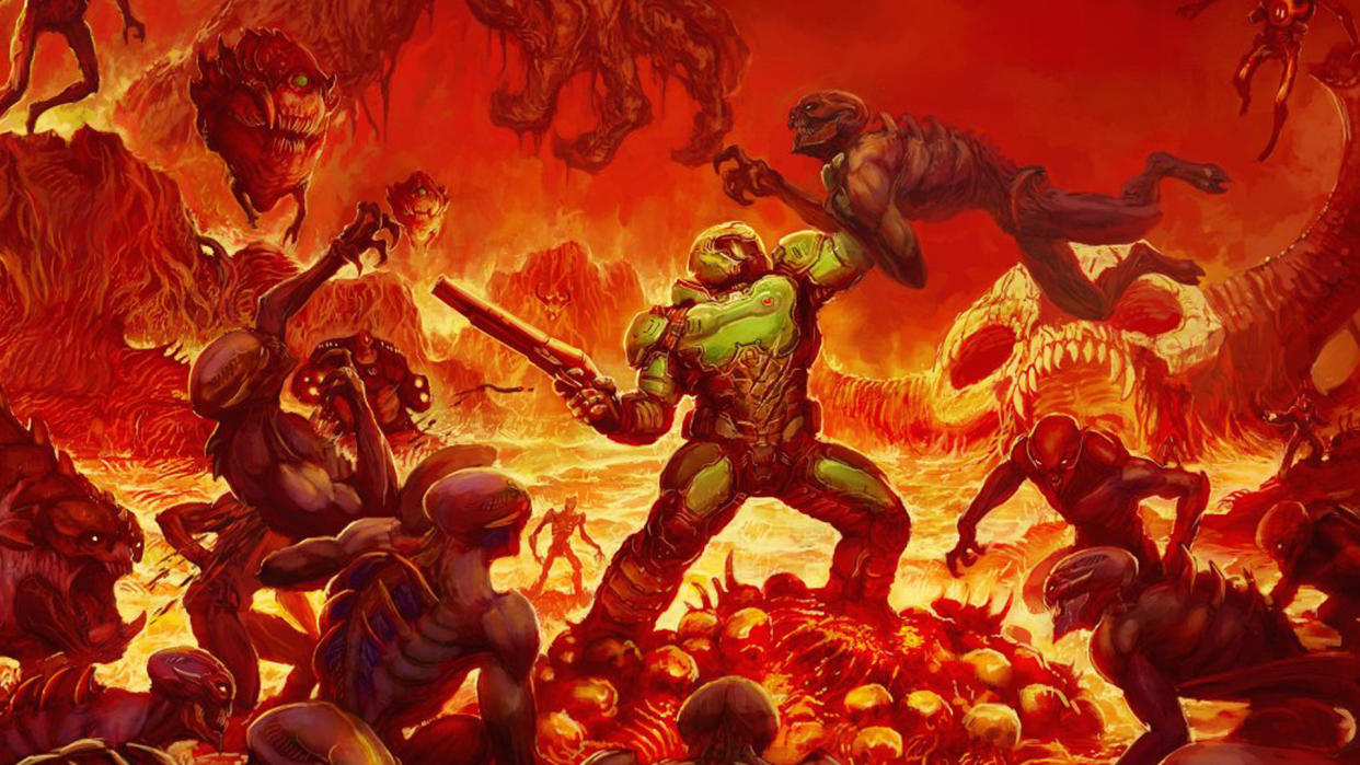  An image of a wallpaper for Doom (2016), featuring Doom Guy fighting off a swarm of hellish spawn. Presumably to heavy metal music. 