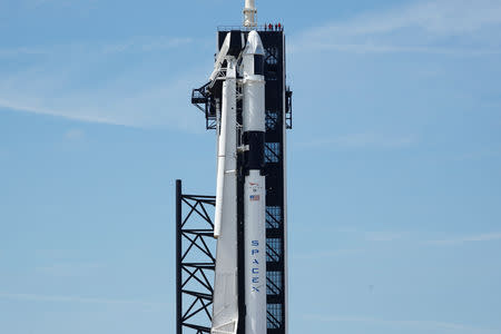 A SpaceX Falcon 9 carrying the Crew Dragon spacecraft sits on launch pad 39A prior to the uncrewed test flight to the International Space Station from the Kennedy Space Center in Cape Canaveral, Florida, U.S., March 1, 2019. REUTERS/Mike Blake