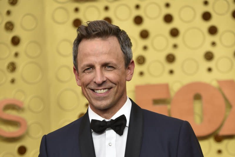 Seth Meyers will welcome President Biden on Monday's broadcast of "Late Night." File Photo by Christine Chew/UPI