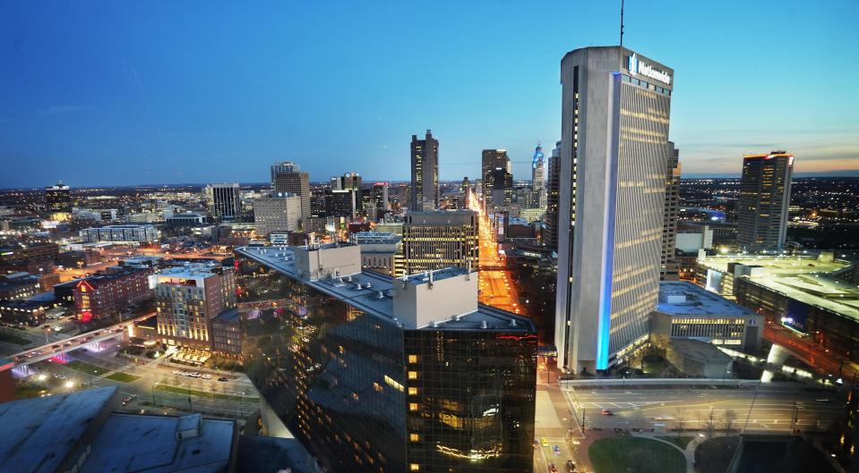 The view of S. High St., the Nationwide tower, and downtown Columbus as viewed from the upscale rooftop lounge Stories on High on the 28th floor of Hilton Columbus Downtown.