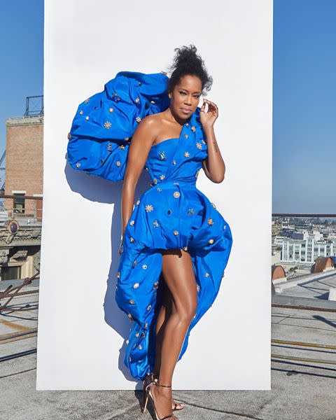 <p>Regina King in a Schiaparelli Couture dress, Stuart Weitzman sandals, Bondeye earrings, and Nouvel Heritage rings. </p><p><a href="https://www.instagram.com/p/CFYI1JmAoOf/" rel="nofollow noopener" target="_blank" data-ylk="slk:See the original post on Instagram;elm:context_link;itc:0;sec:content-canvas" class="link ">See the original post on Instagram</a></p>