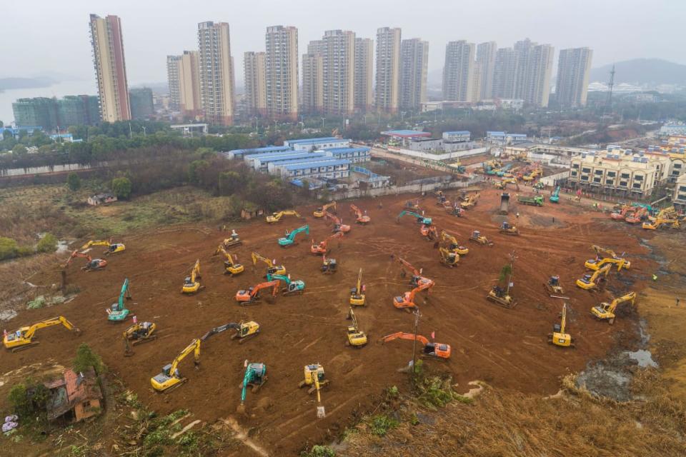 <div class="inline-image__caption"><p>This aerial photo on January 24, 2020 showed excavators at the construction site of a new hospital being built to treat patients from a deadly virus outbreak in Wuhan in China's central Hubei province. </p></div> <div class="inline-image__credit">Getty</div>