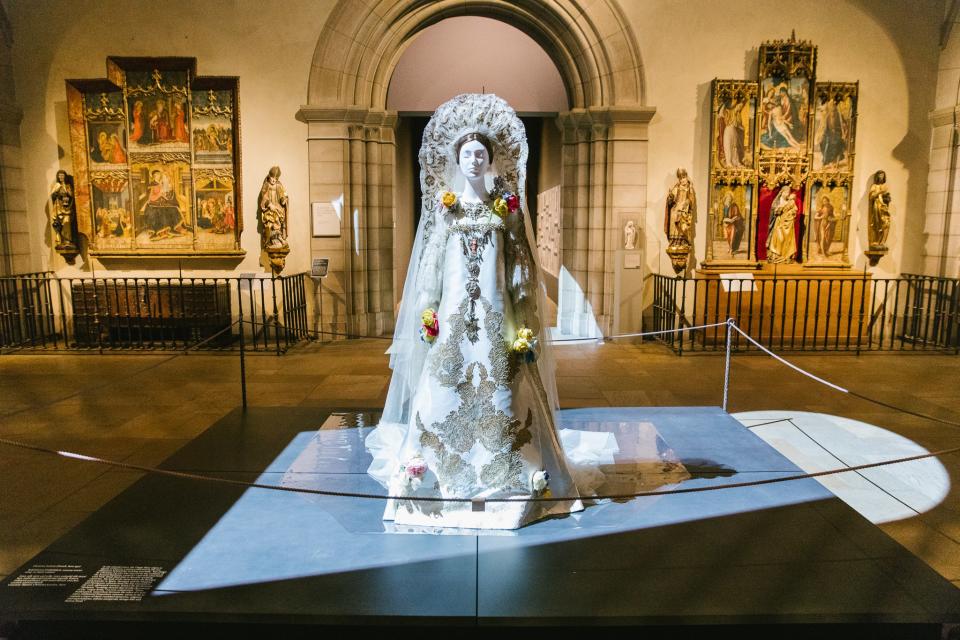 Christian Lacroix (French, born 1951). Wedding Ensemble, Autumn/Winter 2007–8 Haute Couture. Polychrome silk brocade, white silk tulle, embroidered gold silk and metal thread, polychrome crystals, and silver beads.