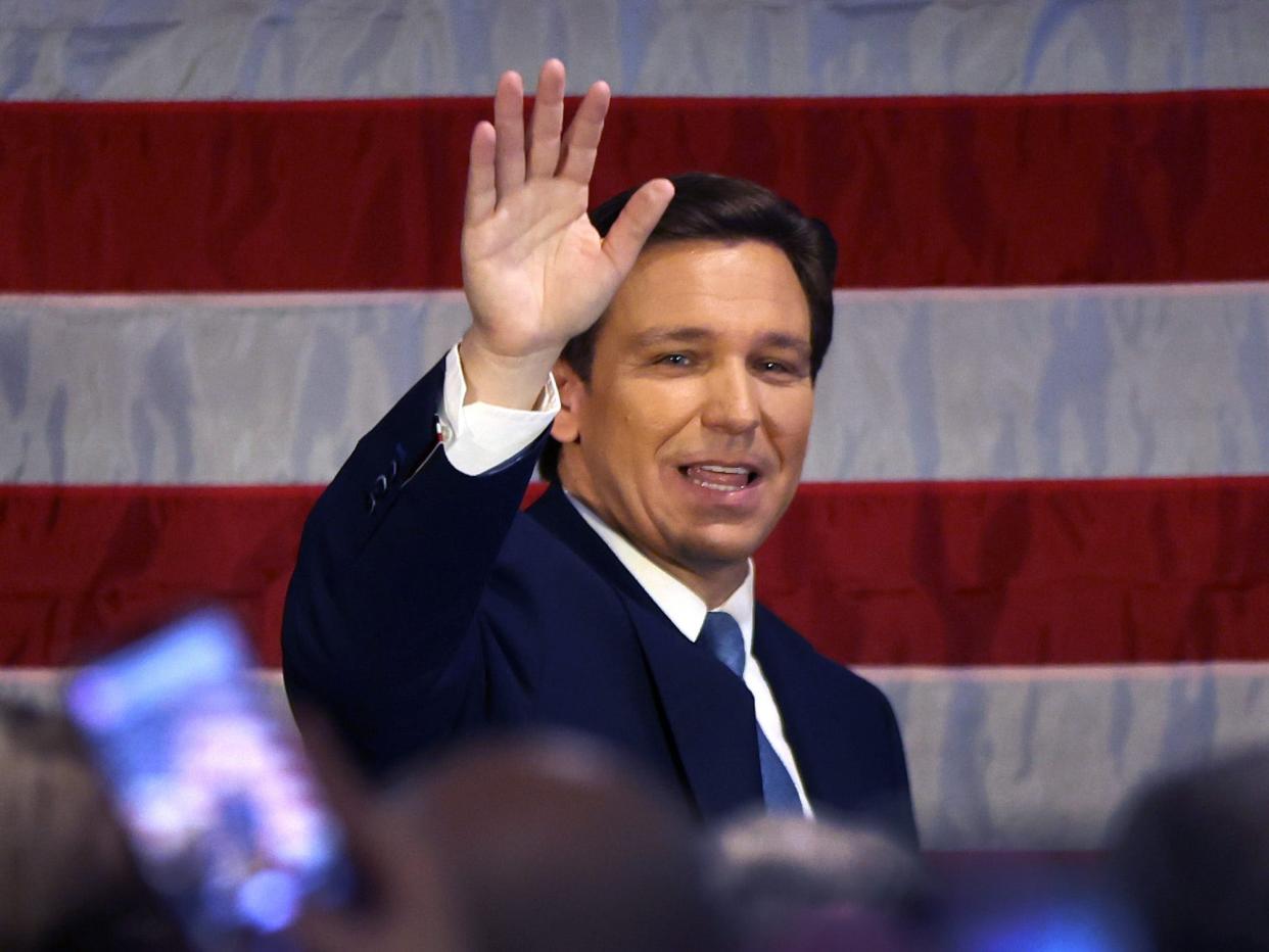 Florida Gov. Ron DeSantis waves as he speaks to police officers about protecting law and order at Prive catering hall on February 20, 2023 in the Staten Island borough of New York City.