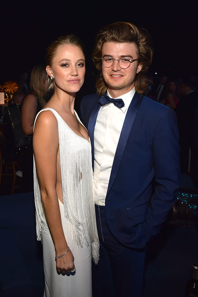 <p><em>Stranger Things</em> star Joe Keery and actress Maika Monroe struck a power couple pose at the Governors Ball. (Photo: Matt Winkelmeyer/WireImage,) </p>