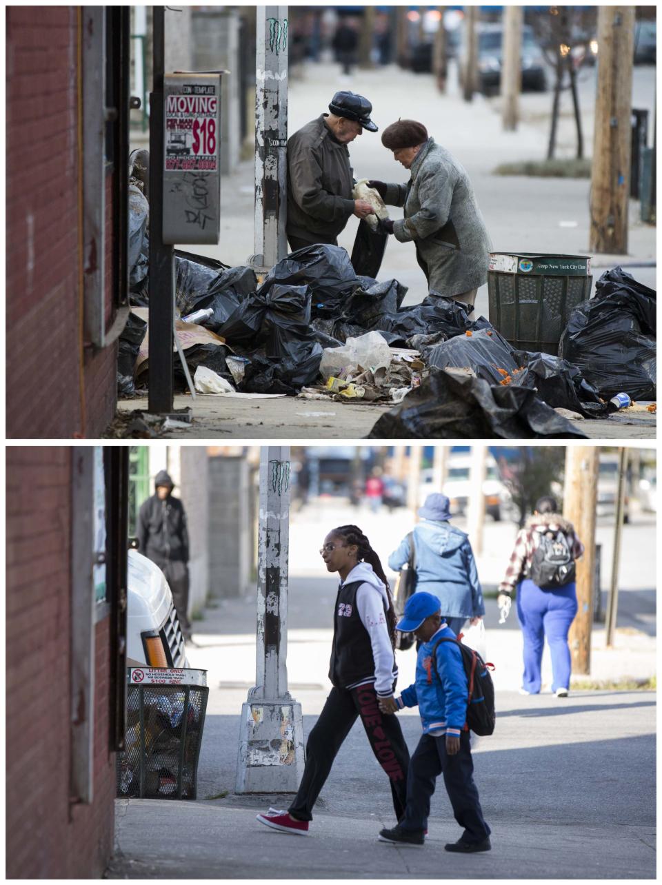 A combination photo shows an elderly couple salvaging food from trash bags thrown out of a flooded store and a view of pedestrians walking past the same corner in the Coney Island neighborhood of the Brooklyn