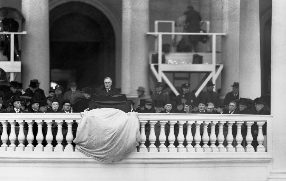 Franklin D. Roosevelt gives&nbsp;his inaugural speech at the Capitol as&nbsp;his second term begins on Jan. 20, 1937.