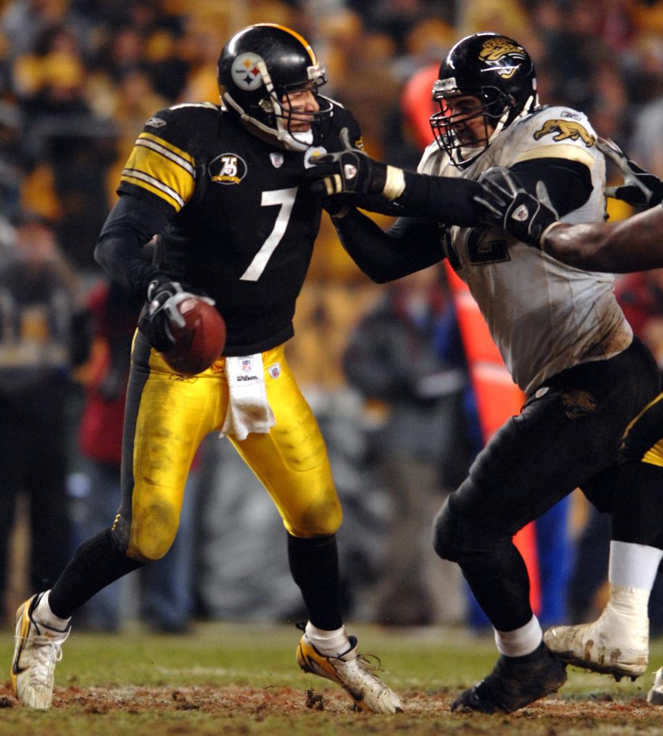 Jaguars defensive lineman Rob Meier (92) sacks Steelers quarterback Ben Roethlisberger for an 11-yard loss in the Jaguars' playoff victory at Heinz Field on Jan. 5, 2008.