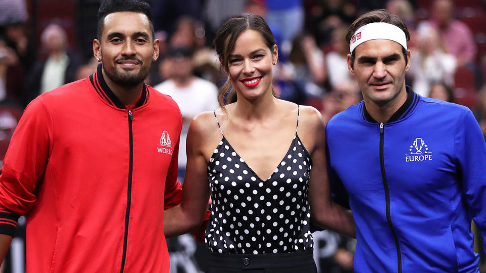 Nick Kyrgios, Ana Ivanovic and Roger Federer at the 2018 Laver Cup, where Federer beat Kyrgios.  (Photo by Matthew Stockman/Getty Images for The Laver Cup)