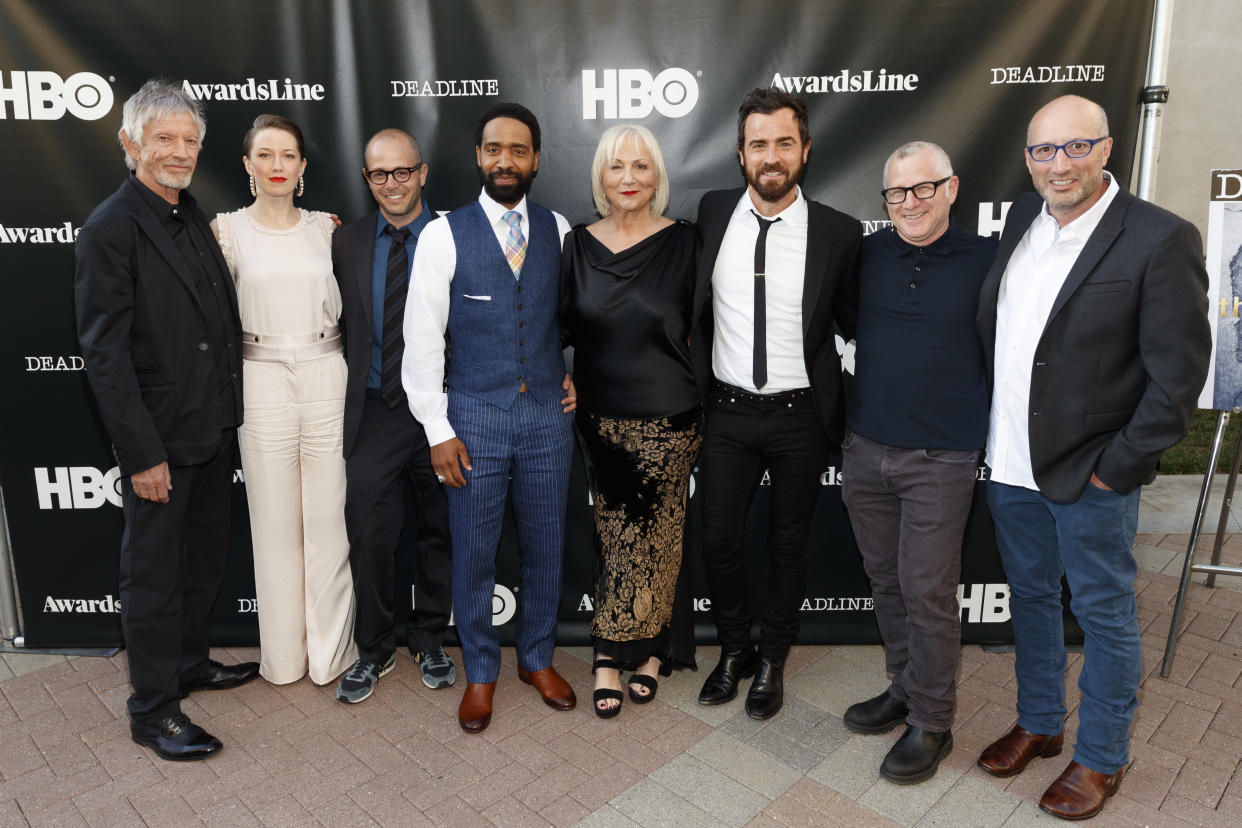 LOS ANGELES, CA - JUNE 04:   Scott Glenn, Kevin Garvey, Sr., Carrie Coon, Nora Durst, Damon Lindelof, Executive Producer, Co-Creator, Kevin Carroll, John Murphy, Mimi Leder, Executive Producer, Director, Justin Theroux, Kevin Garvey, Tom Perrotta, Executive Producer, Co-Creator and Tom Spezialy, Executive Producer, Writer attend HBO's 