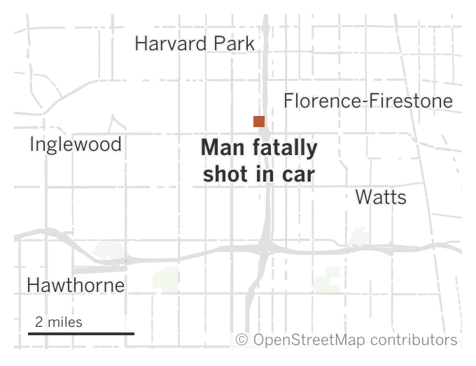 A map of South L.A. shows where a man was fatally shot while sitting in his car in Vermont Knolls