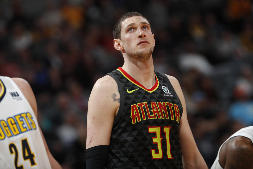 Atlanta Hawks forward Mike Muscala (31) in the second half of an NBA basketball game Wednesday, Jan. 10, 2018. Atlanta won 110-97. (AP Photo/David Zalubowski)