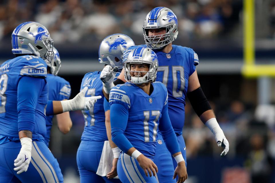 Oct 23, 2022; Arlington, Texas, USA; Detroit Lions place kicker Michael Badgley (17) smiles after making a field goal against the Dallas Cowboys in the second quarter at AT&T Stadium. Mandatory Credit: Tim Heitman-USA TODAY Sports