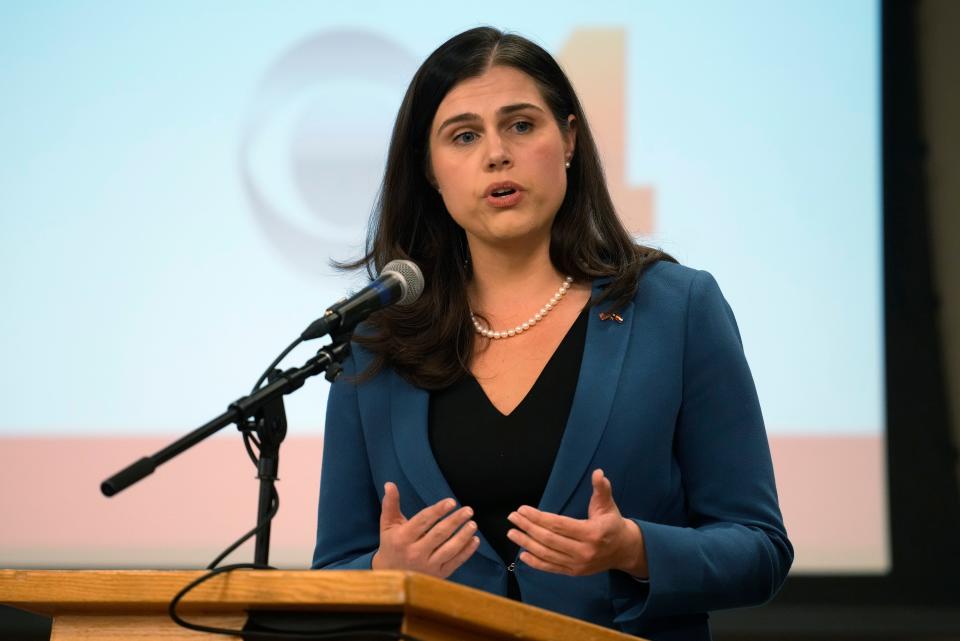 Democratic Colorado Secretary of State Jena Griswold, responds to a question during a candidate debate, Oct. 11, 2022, on the campus of the University of Denver in southeast Denver. Griswold has tried to address threats to election workers through legislation.