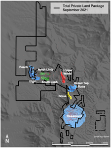 Hudbay’s private land package was recently increased to approximately 2,400 acres in the west and now totals approximately 4,500 acres with the inclusion of patented mining claims.