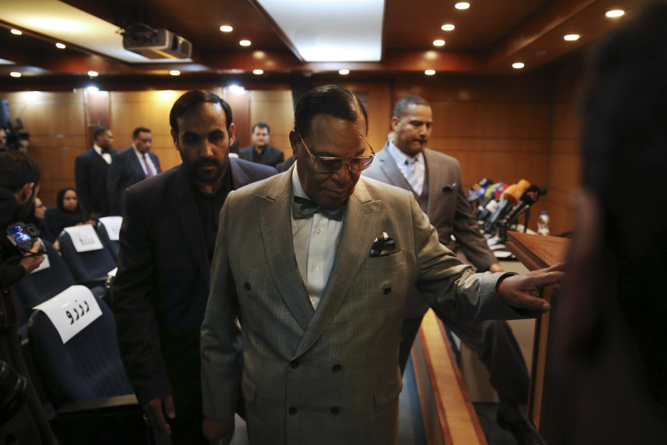 Minister Louis Farrakhan, the leader of the Nation of Islam, arrives to his press conference, in Tehran, Iran, Thursday, Nov. 8, 2018. Farrakhan warned President Donald Trump not to pull "the trigger of war in the Middle East, at the insistence of Israel." The 85-year-old Farrakhan, long known for provocative comments widely considered anti-Semitic, criticized the economic sanctions leveled by Trump against Iran after his pullout from the nuclear deal. (AP Photo/Vahid Salemi)