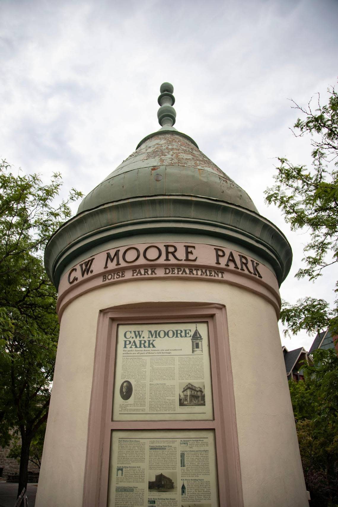 Downtown Boise’s C.W. Moore Park displays artifacts from buildings demolished during the urban renewal era, including a turret from the W.E. Pierce Building, demolished in 1975.