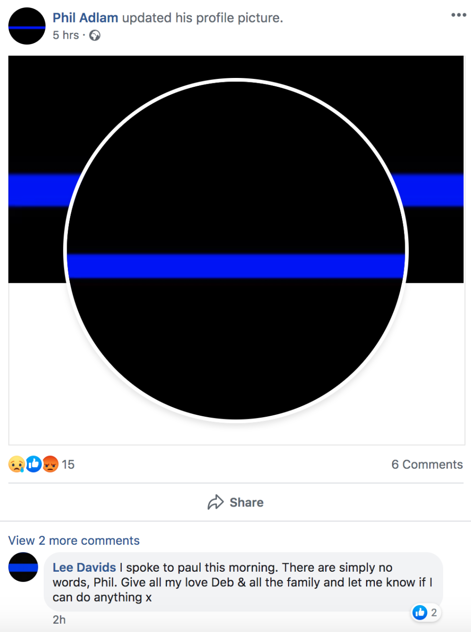 Family and friends changed their profile pictures to a "thin blue line" in honour of PC Harper. (Facebook)