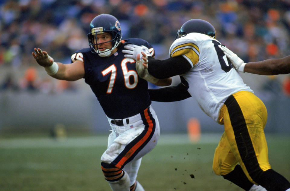 CHICAGO - DECEMBER 13:  Steve McMichael #76 of the Chicago Bears looks for the pass during the game against the Pittsburgh Steelers on December 13, 1992 in Chicago, Illinois. The Bears won 30-6. (Photo by Jonathan Daniel/Getty Images)