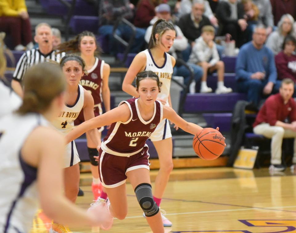 Morenci's Evelyn Joughin handles the ball during Monday's game at Blissfield.