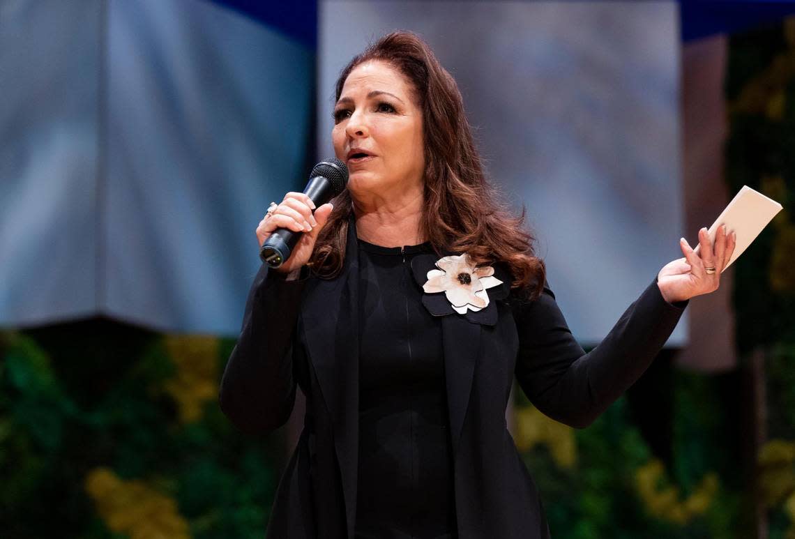 Gloria Estefan introduces Vice President Kamala Harris before they have a conversation during the Aspen Ideas: Climate conference at the New World Center on March 8, 2023, in Miami Beach. Estefan will host the 46th Kennedy Center Honors in December 2023.