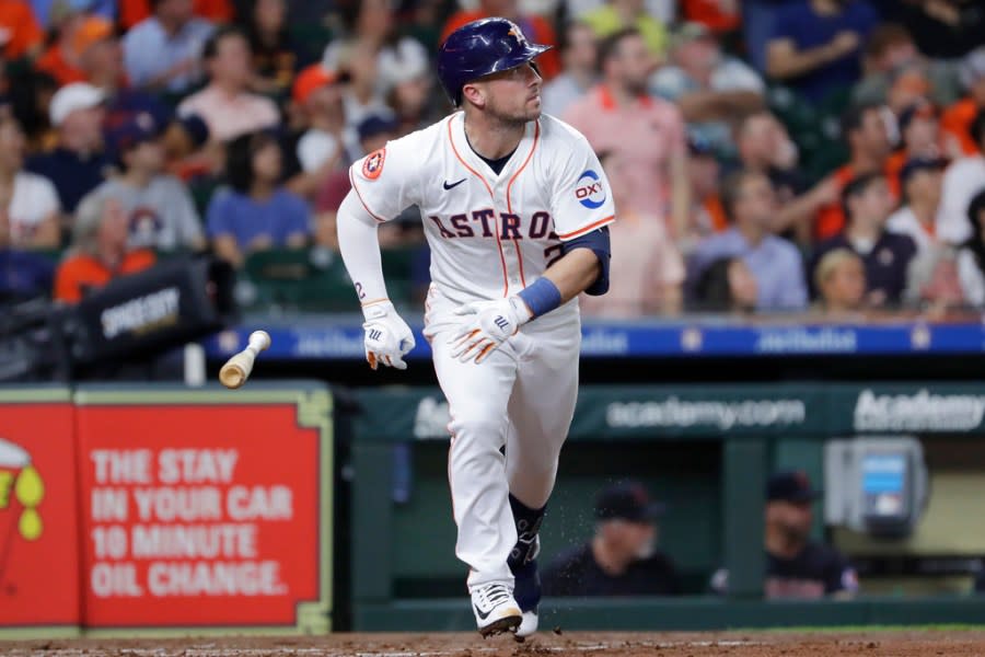 Houston Astros’ <a class="link " href="https://sports.yahoo.com/mlb/players/10183/" data-i13n="sec:content-canvas;subsec:anchor_text;elm:context_link" data-ylk="slk:Alex Bregman;sec:content-canvas;subsec:anchor_text;elm:context_link;itc:0">Alex Bregman</a> flips his bat as he watches his three run home run against the Cleveland Guardians during the third inning of a baseball game Tuesday, April 30, 2024, in Houston. (AP Photo/Michael Wyke)