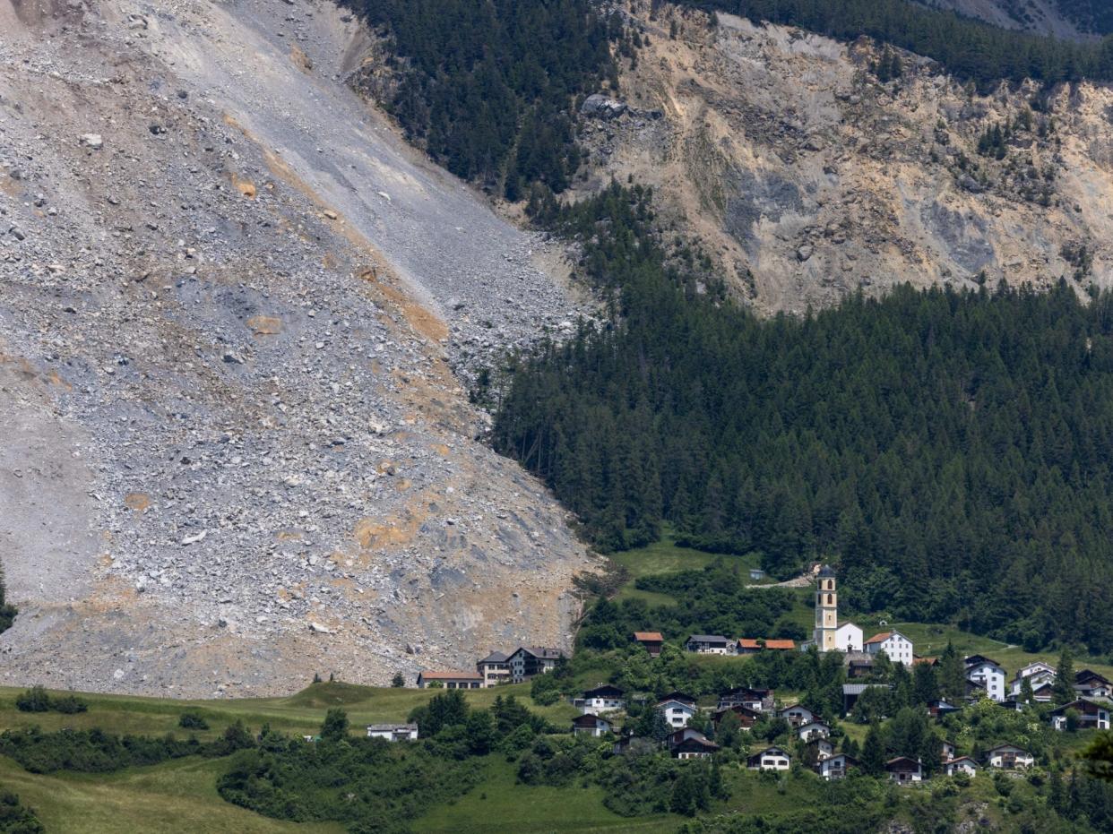 Picture taken on June 16, 2023 shows a view of Brienz, far-eastern Switzerland after a massive landslide that spared the village