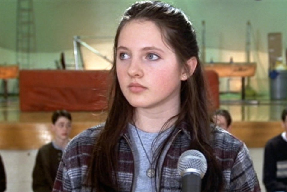 The movie Election, directed by Alexander Payne. Seen here, Jessica Campbell (as Tammy Metzler). She delivers a campaign speech to the student assembly. Initial theatrical release, Friday, April 23, 1999. Image is a screen grab.