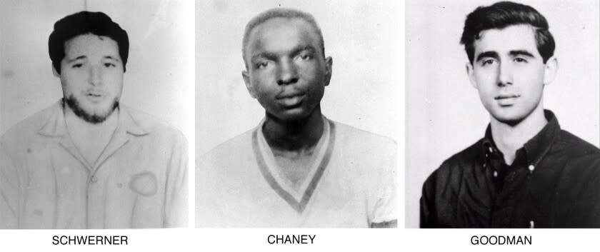 FILE - On June 29, 1964, the FBI began distributing these pictures of civil rights workers, from left, Michael Schwerner, 24, of New York, James Cheney, 21, from Mississippi, and Andrew Goodman, 20, of New York, who disappeared near Philadelphia, Miss., June 21, 1964. Never before seen case files, photographs and other records documenting the investigation into the infamous slayings of the three civil rights workers in Mississippi are now open to the public announced on Monday, June 21, 2021, for the first time, 57 years after their deaths. The 1964 killings of civil rights activists Chaney, Goodman, and Schwerner in Neshoba County sparked national outrage and helped spur passage of the 1964 Civil Rights Act. (AP Photo/FBI, File)