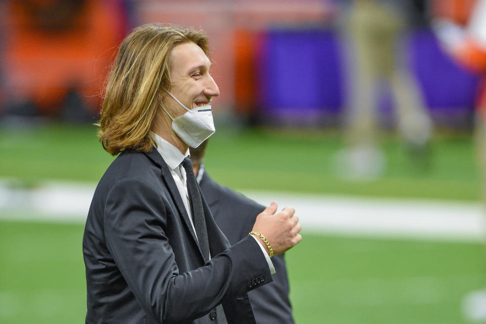 NEW ORLEANS, LA - JANUARY 01: Clemson Tigers quarterback Trevor Lawrence (16) looks over the field before the Allstate Sugar Bowl College Football Playoff Semifinal between the Ohio State Buckeyes and Clemson Tigers at the Mercedes-Benz Superdome on January 1, 2021 in New Orleans, LA. (Photo by Ken Murray/Icon Sportswire via Getty Images)